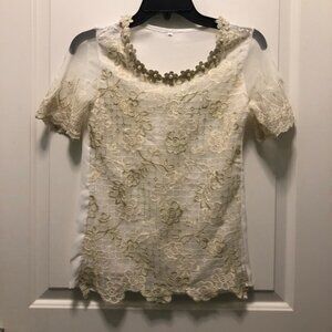 Cream Pearl Lace Short Sleeves Top Small